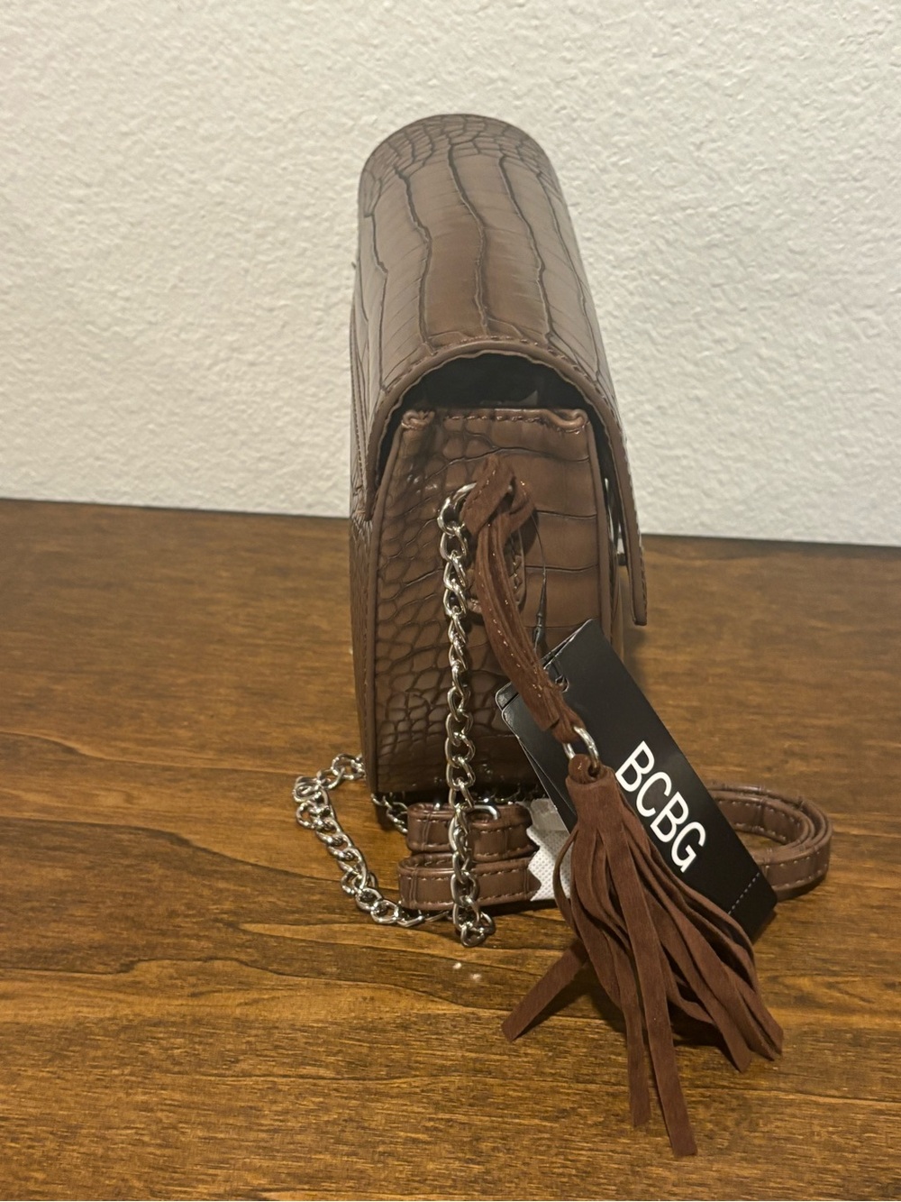 BCBG Brown Croc-Embossed Crossbody with Tassel and Chain - Picture 4 of 8